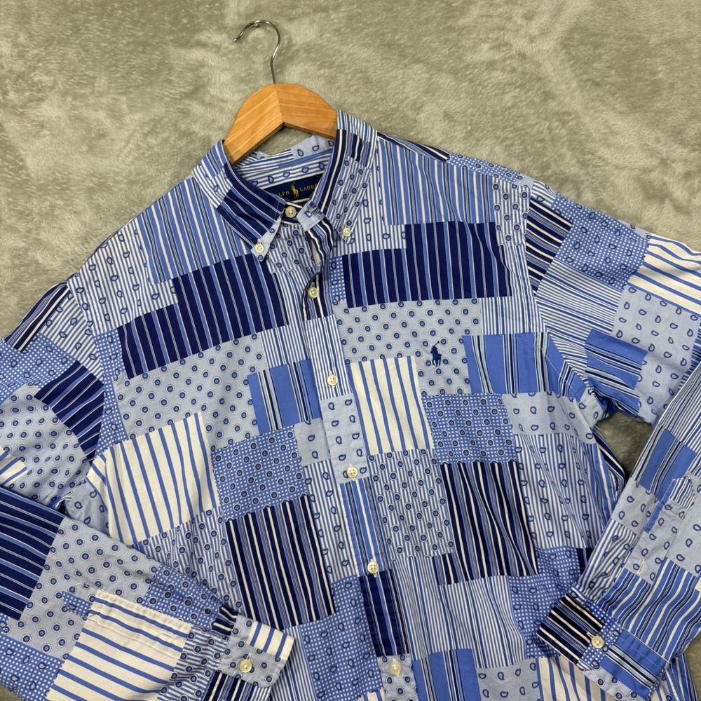 Ralph Lauren Patchwork Button Down Shirt Mens L Blue White Classic Fit Cotton